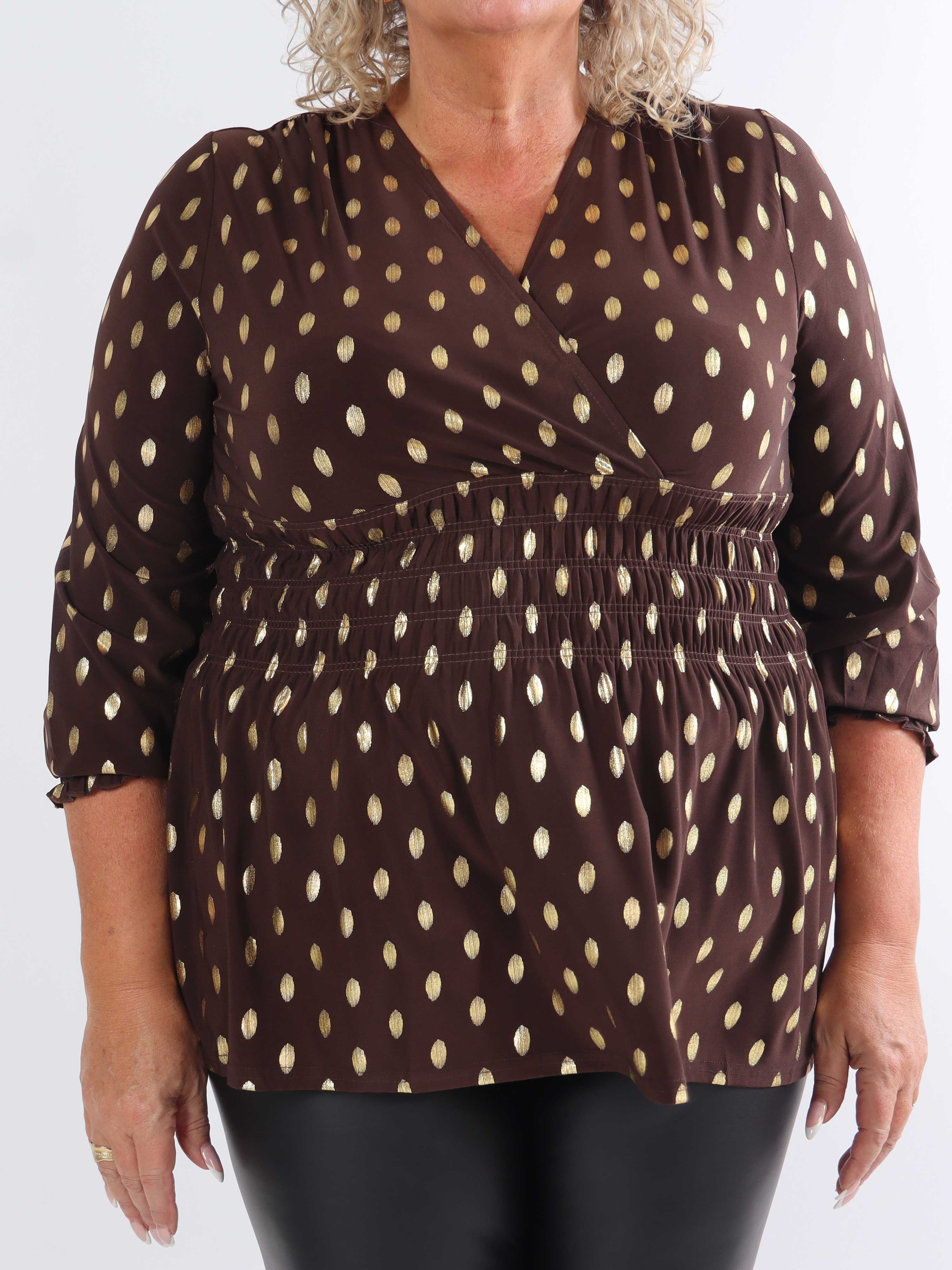 Pams Gold Dot Shirt L/S - Elastisk plus size bluse i krølfrit stof